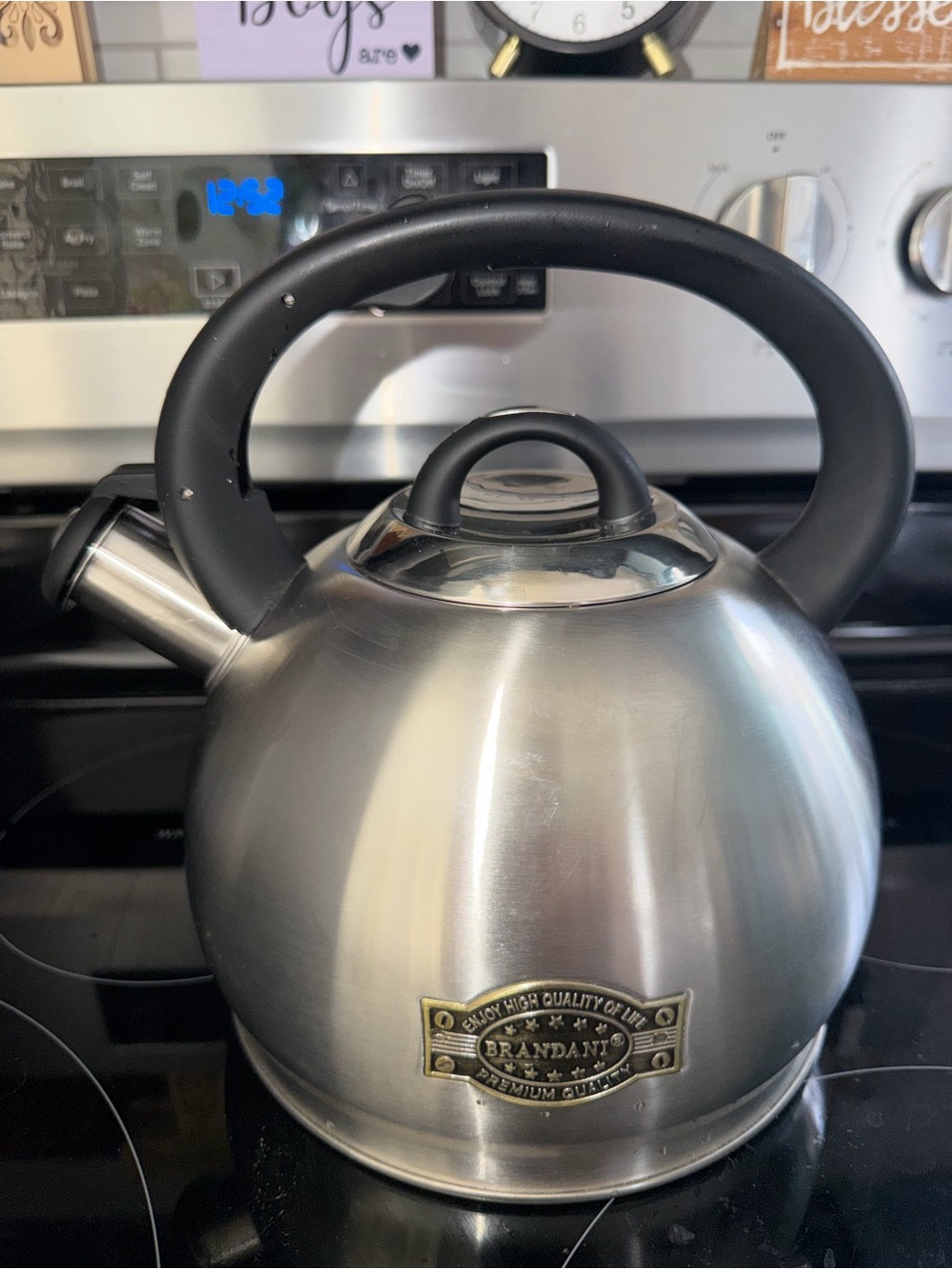 Brandani Italy Whistling Tea Kettle 3qt. Black Soft Touch Handle Stainless Steel